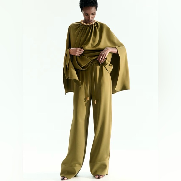 H&M olive green wide leg pants with Bead Detail Size S NWT - Picture 2 of 6